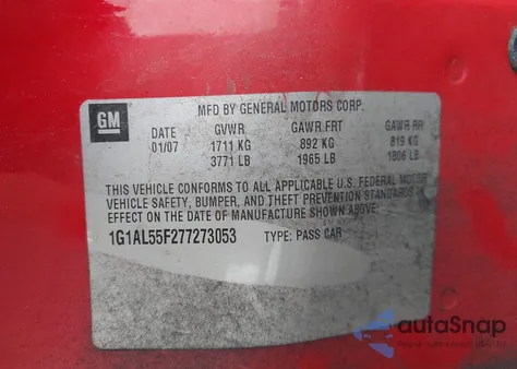 2007 Chevrolet Cobalt Lt из США, поврежденный, VIN 1G1AL55F277273053